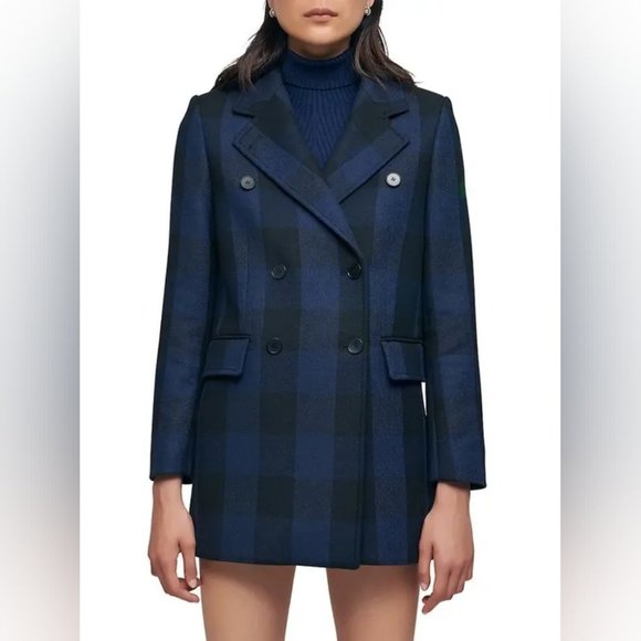 MAJE Goldan Coat Tailored Plaid Oversized Double Breasted Blazer Blue Black Wool - Picture 2 of 16